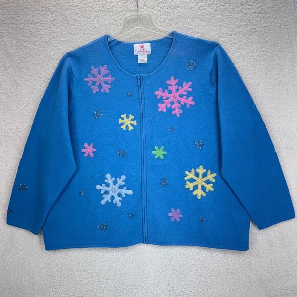 Quacker Factory Sweater Women 3X Wool Zip Up Snowflakes Blue Round Neck Beaded - Picture 1 of 14